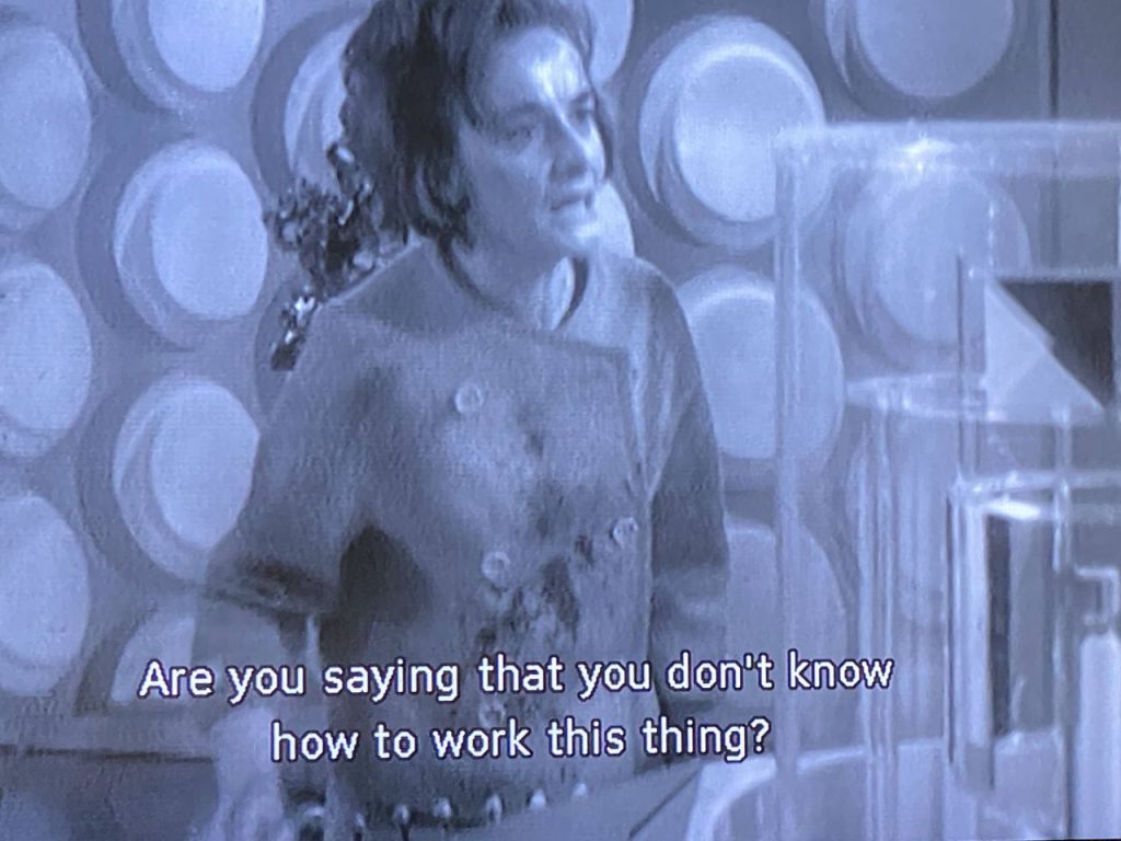 Barbara in the Tardis finds out Doctor Who doesn't know how to steer the ship, a scene from The Firemaker